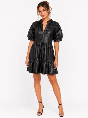 NWT Studio EY Size Large Black Faux Leather Puff-Sleeve Tiered Mini Dress by‎
